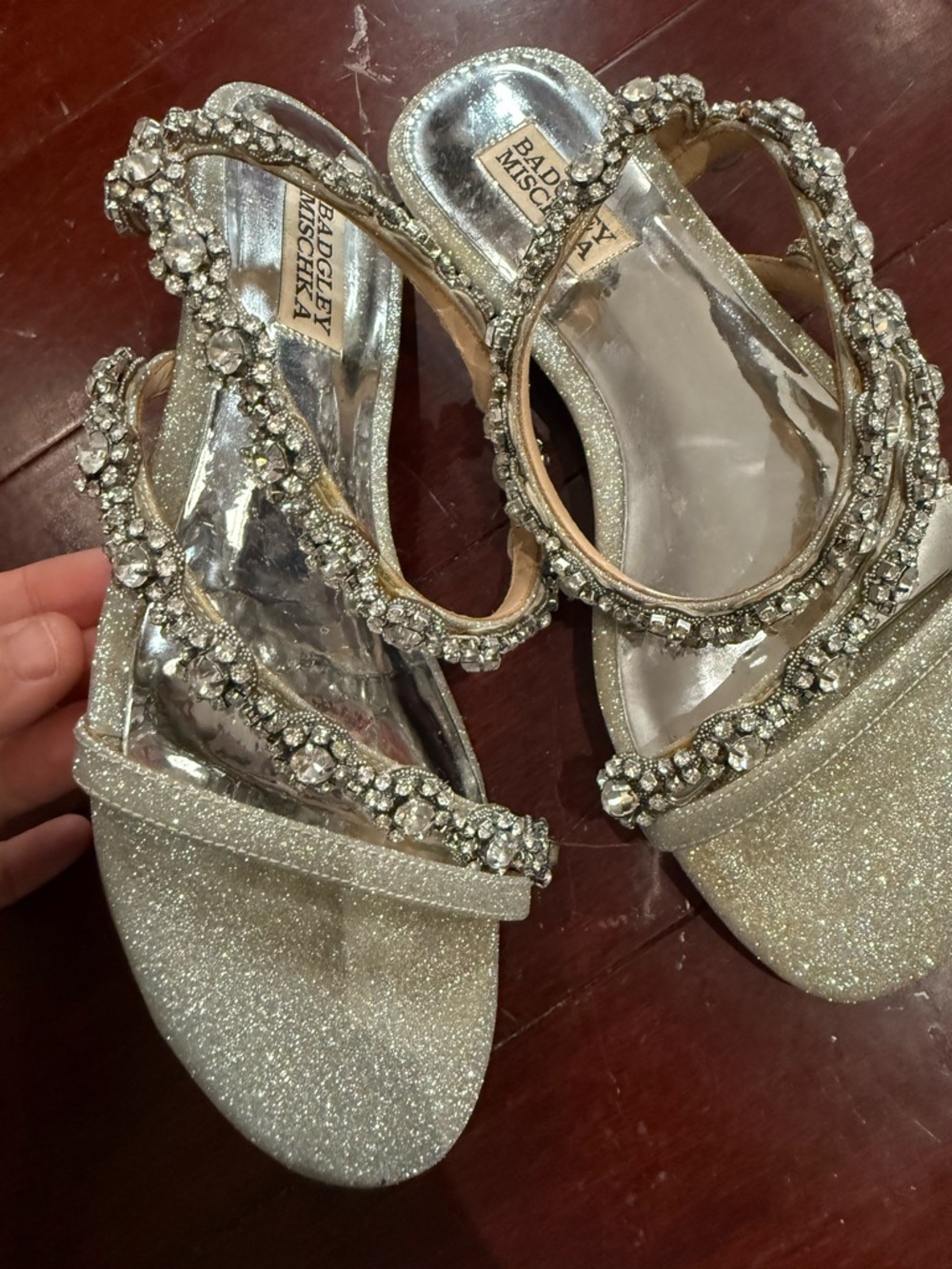 Badgley Mischka Silver Glitter Crystal-Strap Sandals